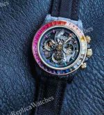 Rolex Daytona Skeleton Face Dandong 4130 Movement 40mm Rainbow Bezel Black Fabric Band Watch